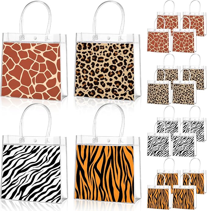 Aliceset 20 Pcs Animal Print Goodie Bags with Handles Safari Party Favor Bags for Jungle Theme Wild Animals Zoo Party Bithday Baby Shower Supplies Decor, 8x8x3.15 Inch