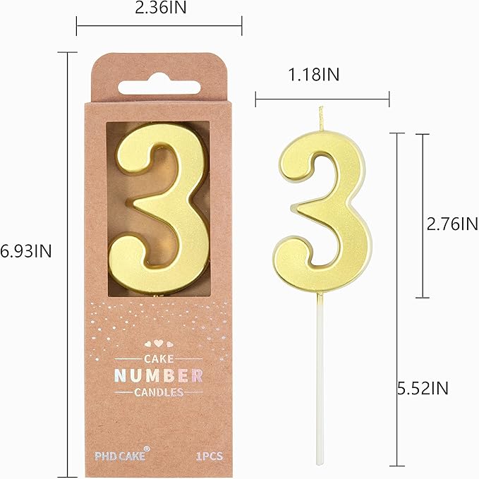 PHD CAKE 2.76 Inch Modern Gold 3 Number Birthday Candles, Gold Number Candles, Cake Number Candles, Party Celebration