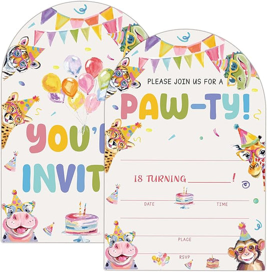 Jungle Animals Birthday Party Invitations, Animals Paw-Ty Invitations with Envelopes, 20 Fill-In Birthday Party invites for Boy Girl, Party Decorations Supplies (arch)