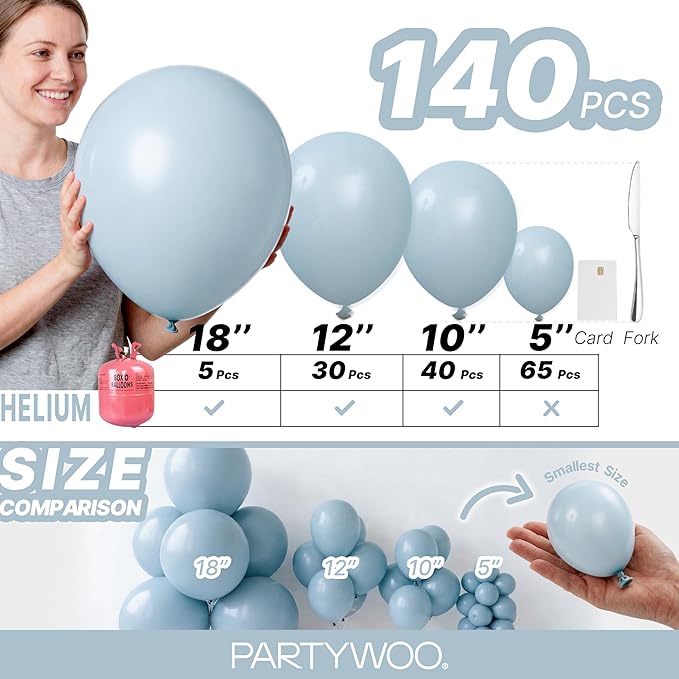 PartyWoo Dusty Blue Balloons 140pcs Different Sizes of 18 12 10 5 Inch Light Blue Aqua Boho Balloon Arch Kit Garland for Graduation Baby Shower Gender Reveal Birthday Party Decorations Blue-F28