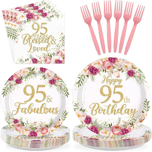 96Pcs 95th Birthday Decorations for Women Rose Gold Floral Party Plates and Napkins Disposable 95th Birthday Gifts Tableware Set for Women Fabulous Party Decorations Serves 24