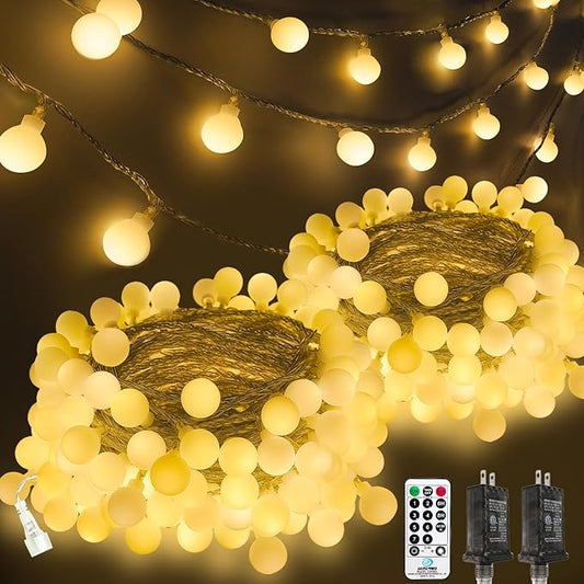 2-Pack Connectable Globe String Lights | Total 86FT 200LED Warm White String Lights Plug in with Remote | 8 Modes Hanging Fairy Light for Indoor Outdoor Bedroom Party Classroom Christmas Tree Decor