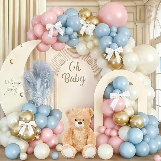 Baby Pink Blue Gender Reveal Balloon Garland Arch Kit, 120pcs Dusty Blue Pink Cream and Pastel Gold Balloons for Boho Neutral Oh Baby Shower Birthday Decor Gender Reveal Party Decorations Supplies