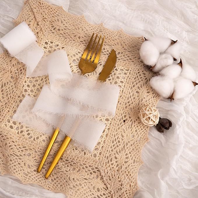White Chiffon Ribbon, Silk 1.5''x21Yd Handmade Frayed Fringe Ribbons for Wrapping, DIY Bows, Invitations, Bridal Bouquets, Crafts, Birthday, Wedding, Halloween, Party Decorations, 3 Rolls