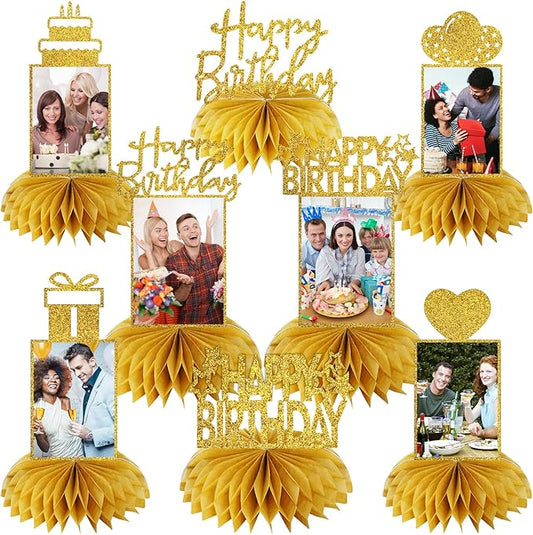 Eucutur 8Pcs Honeycomb Birthday Decorations - Gold Glitter Centerpieces for Women & Men, Happy Birthday Photo Table Toppers, 16th-60th Bday