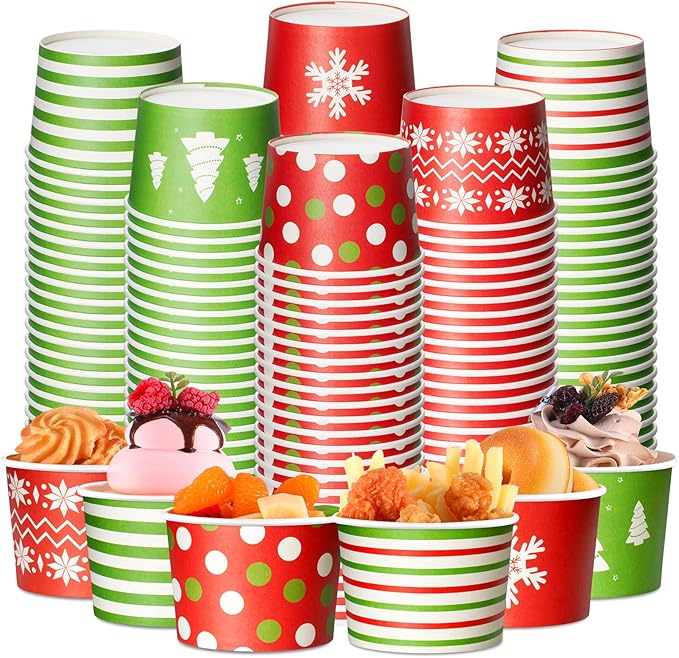 CHENGU 60 Pcs Christmas Ice Cream Cups 8oz Disposable Treat Snack Cups Red and Green Paper Bowls for Yogurt Cupcakes Soup Christmas holiday Party Supplies