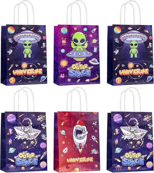 JALEBRO 24PCS outer space alien astronaut theme Party Favors Gift Bags Bulk with Handle, Paper Snack Treat Goodie Bag for Space Goody Bags Birthday Party Decorations Supplies 8"x5.9"x3.1" (space)
