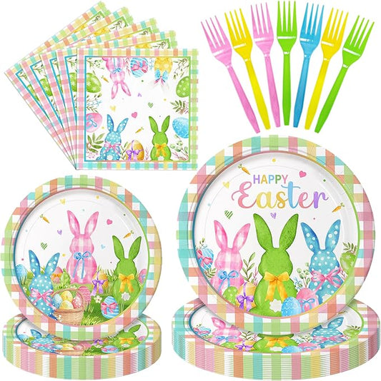 96 Pieces Easter Tableware Set – Bunny Egg Disposable Plates, Napkins, and Forks with “Happy Easter” and Spring Designs for Holiday Dinners, Parties, and Spring Celebrations – Serves 24