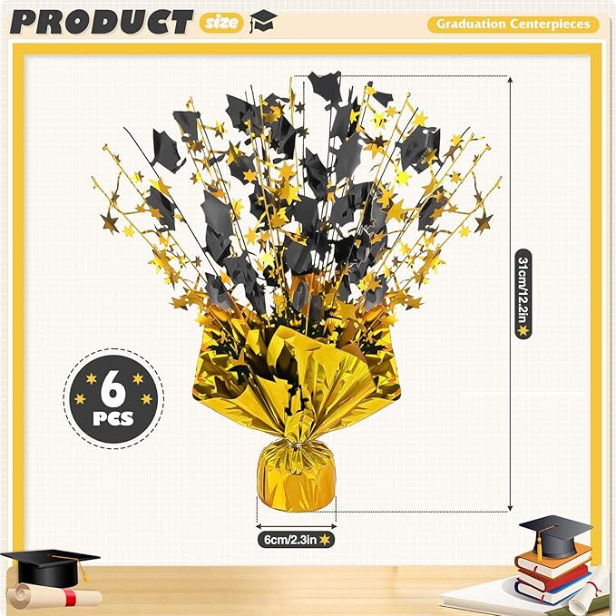 6 Packs Graduation Decorations Centerpieces for Tables Metallic Foil Star Graduate Cap Burst Tabletop Display in Black and Gold for 2026 Grad Ceremonies Celebrations Party Decor Supplies 12"