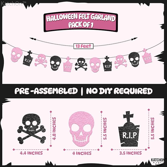 KatchOn Pink Black Felt Skull Garland - 13 Feet, No DIY | Felt Halloween Garland, Skull Party Decorations | Pink Halloween Decor