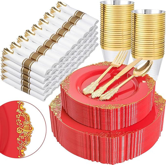 Nervure 350PCS Red Plastic Plates - Red Gold Plastic Dinnerware Sets for 50 Guests - 100 Gold Disposable Plates, 50 Pre Rolled Silverware Sets, 50 Cups Perfect for Wedding & Party