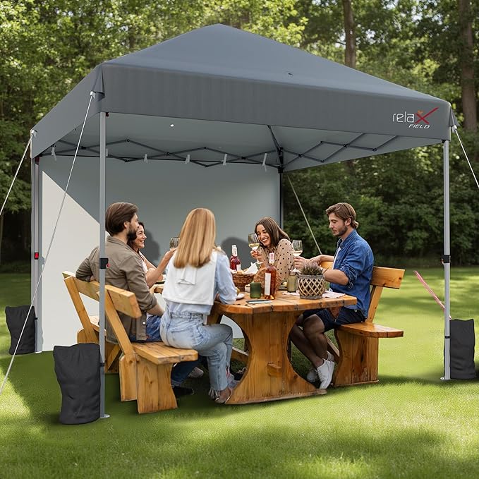 10x10 Outdoor Folding Canopy Tent with 1 Sidewall, Easy Up Outdoor Shelter with One Person Set Up Center Lock, Portable Patio Screen Tent for Camping, Party, Beach & Picnic,Grey