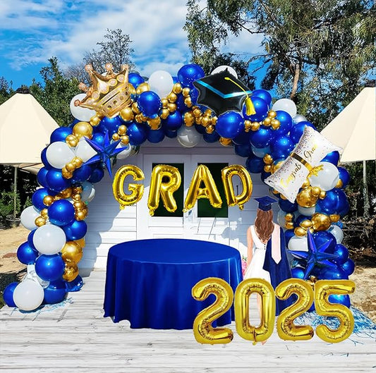 Blue Themed Graduation Balloon Garland Arch Kit with foil Balloons for High School College students graduate class of 2025 Prom Congrats Party Decorations Backdrop (Blue white gold)