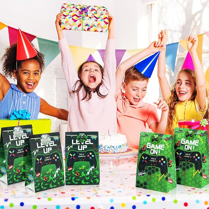 Geosar 30 Pack Video Game Party Favor Paper Bags Game on Goodie Candy Gift Bags with 30 Stickers Level up Reusable Goodie Treat Snacks Supplies for Boys Kids Gaming Birthday Party(Green)