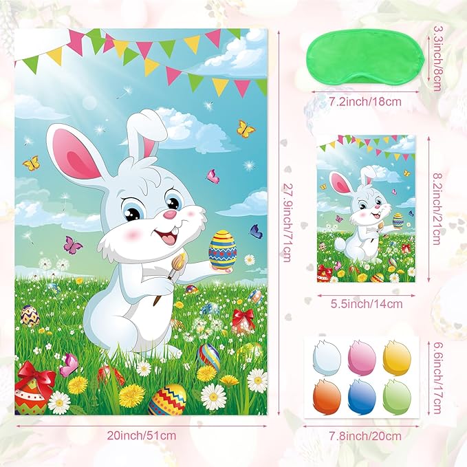 Pin The Tail on The Bunny Game with 36 Pcs Tails, Large Easter Bunny Party Games Poster for Kids Easter Party Supplies, Carnival Birthday Party Decoration
