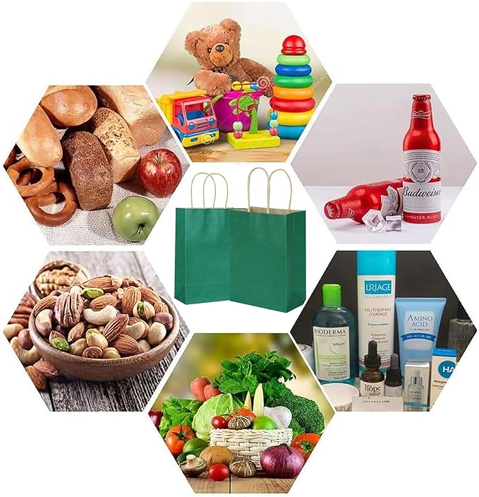 25 PCS Small Gift Bags Kraft Paper Bags with Handles for Party Favor (Dark Green, 8.2 x 6 x 3.1 in)