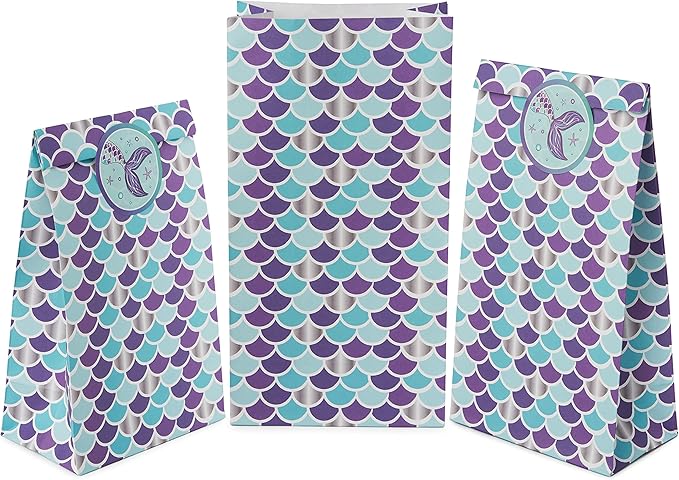 ROYAL BLUEBONNET Purple Mermaid Party Favor Bags and Stickers- 24 Little Mermaid Candy Bags for Girls Birthday Party, Small Goodie Favor Treat for Thank You Table for Birthday for Girls, Tweens, Kids