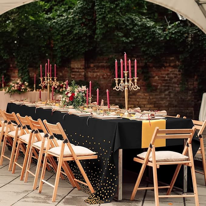 24Pack Disposable Plastic Tablecloths and Satin Table Runner Set Black Gold Dot Table Cloth Gold Satin Table Runner for Graduation Wedding Birthday Baby Shower Anniversary Holiday Party Decorations
