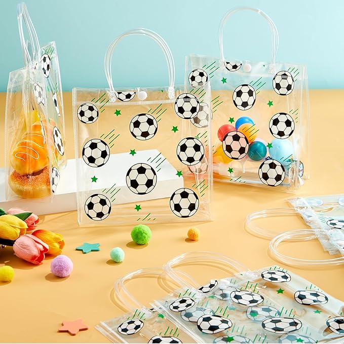 24Pcs Soccer Clear PVC Gift Bags With Handles Bulk 8 x 8 x 3 In Sport Theme Goodie Treat Candy Bags Soccer Team Present Wrap Tote Bag for Boys Birthday Party Favor Baby Shower Decorations Supplies