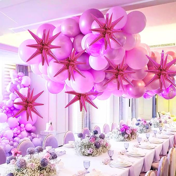 TONIFUL 4 Pcs 22inch 4D Hot Pink Explosion Star Mylar Balloons for Party Backdrop Christmas,New Year Birthday, Wedding Baby Shower Anniversary Photo Booth Supplies