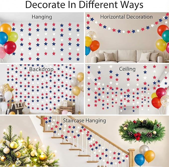Red, White & Blue Iridescent-Star-Garland 90FT – 240 Pcs Sparkling Star Streamers – Hanging Glitter Star Banner Backdrop for Birthday, Baby Shower, Wedding, Christmas Party Decorations (6 Packs)