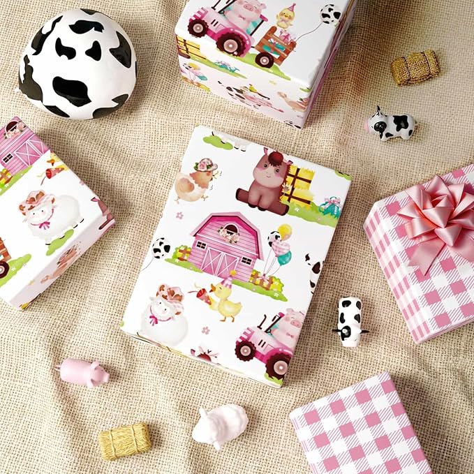 WERNNSAI Farm Animal Wrapping Paper - 1 roll 17” x 33 ft Pink Farm Gift Wrapping Paper for Kids Girls Birthday Baby Shower Animal Gift Wrap Barnyard Theme Party Favor Pink Plaid Design