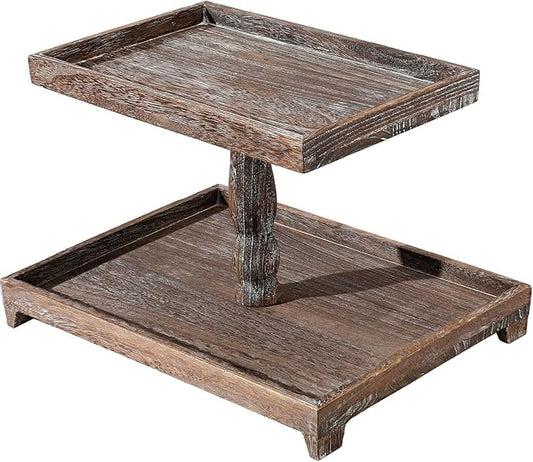Yalikop Farmhouse Tiered Tray Stand - Wooden Rustic 2 Tier Rectangular Tray Serving Stand for House Kitchen Cake(Brown)