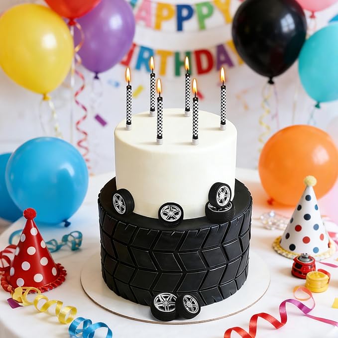 12 Pcs Racing Cars Themed Birthday Candles, Black and White Checkered Birthday Cake Candles, Racing Candle Wheel Tire for Racing Car Party Decoration Theme Party Supplies (General)