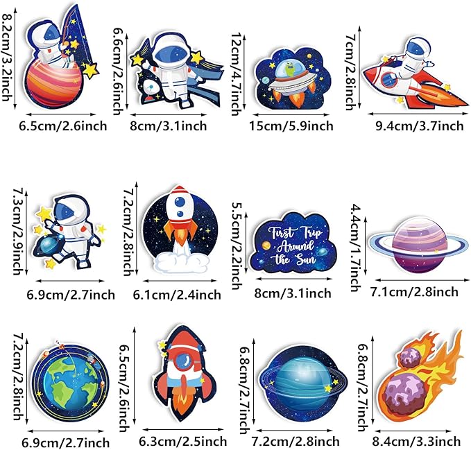 Whaline 72Pcs Outer Space Cupcake Topper 12 Designs Astronauts Rockets Spacecraft Cupcake Picks Out of Space Food Picks with Sticks Glue Point for Birthday Space Theme Party Supplies Cake Decor