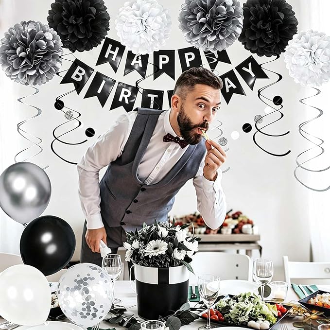 YGYXMY Birthday Decorations for Men, Black and Silver Party Decorations, Black and White Party Supplies - Banner, Balloons, Tissue Pompoms, Swirls, Tassels Garland