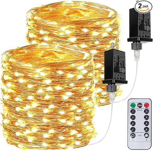 2Pack Each 66Ft 200LED Christmas Fairy Lights Plug in with Remote, Waterproof Twinkle Lights Outdoor Indoor, String Lights 8 Modes with Timer for Girl's Room Garden Christmas Decorations (Warm White)