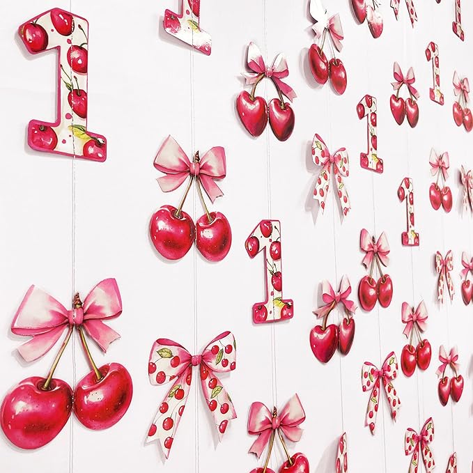 Cherry 1st Birthday Decorations Sweet Floral Cherries Pink Bow Hanging Streamer Garland Banner for Happy First Birthday Baby One Year Bday 1st Wedding Anniversary Party Decorations Supplies