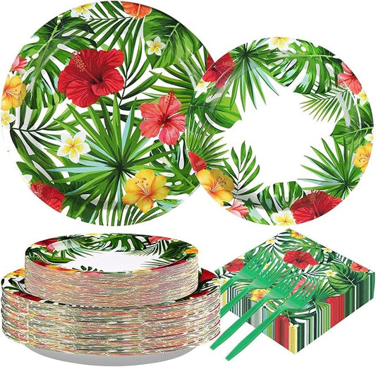 200pcs Hawaiian Luau Party Decorations Tropical Luau Plates and Napkins Disposable Tropical Palm Leaf Hibiscus Flower Tableware Set for Spring Summer Beach Holiday Hawaiian Party Supplies Serves 50