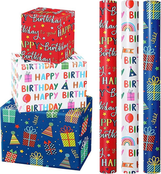 WRAPAHOLIC Birthday Wrapping Paper Roll - 3 Mini Rolls - 17 Inch x 120 Inch Per Roll - Gift Box and Happy Birthday Wrapping Paper for Boys Girls Kids, Baby Shower