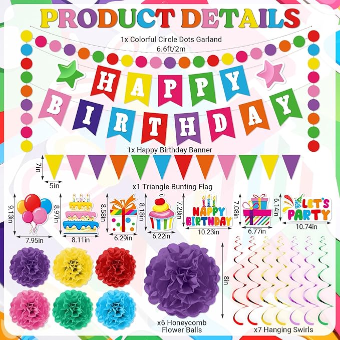 Clabby Rainbow Birthday Decorations Kit Including Colorful Happy Birthday Banner Hanging Swirls Streamers Cutouts Honeycomb Flower Balls Triangle Bunting Flag Circle Dots Confetti Garland Supplies
