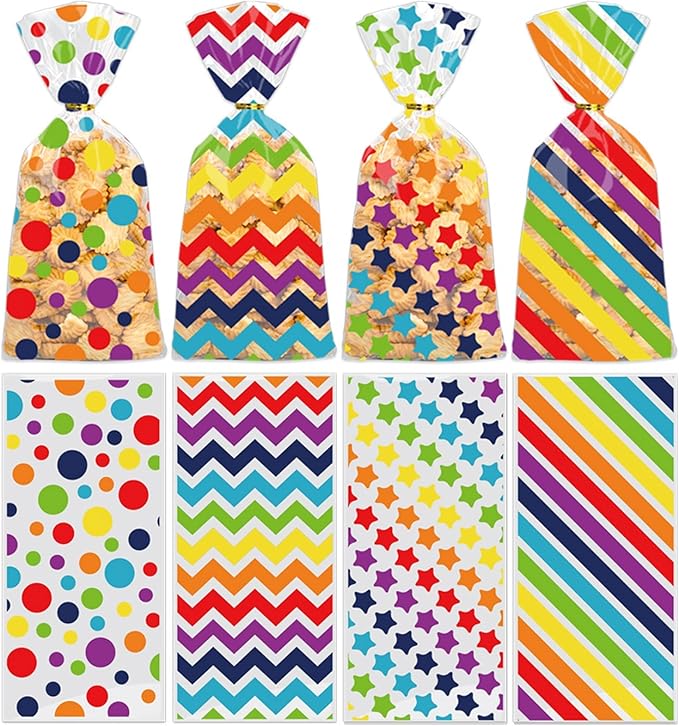 50 Pcs Rainbow Cellophane Treat Bags, Polka Dot Stripes Stars Printed Pattern Mixed Bags, Goodie Candy Favor Bags with Twist Ties for Pride Day, Baby Birthday Party Supplies(5inch x 10inch)