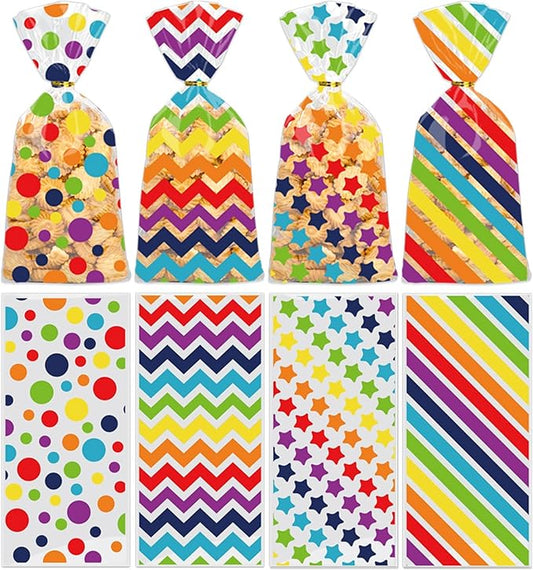 50 Pcs Rainbow Cellophane Treat Bags, Polka Dot Stripes Stars Printed Pattern Mixed Bags, Goodie Candy Favor Bags with Twist Ties for Pride Day, Baby Birthday Party Supplies(5inch x 10inch)