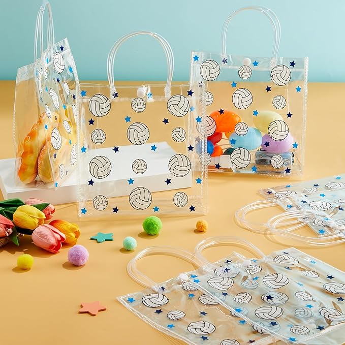 24Pcs Volleyball Clear PVC Gift Bags with Handles Bulk 8 x 8 x 3In Sport Theme Goodie Treat Candy Bags Volleyball Team Present Wrap Tote Bag for Boys Birthday Party Favor Baby Shower Decors Supplies