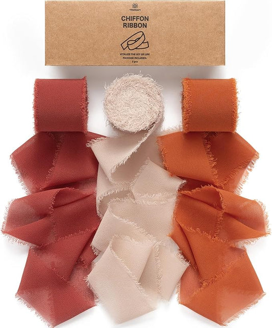 Vitalizart Fall Handmade Chiffon Silk Ribbon Fringe 1.5" x 21 Yd Terracotta Frayed Edges Ribbons for Wedding Invitations Bridal Bouquets Gifts Wrapping Crafts Holiday Party Decorations