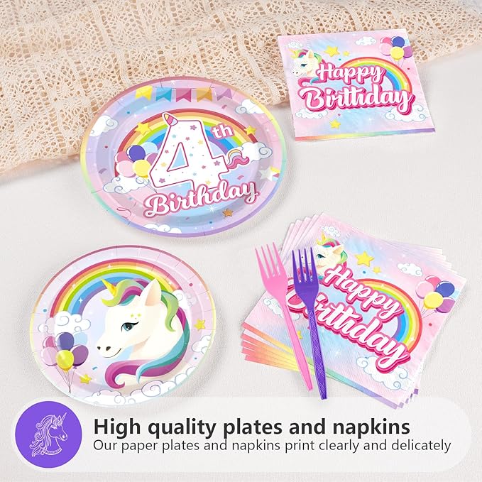 96 Pcs Unicorn 4th Birthday Party Decorations 350 GSM Disposable Rainbow Unicorn Plates and Napkins Tableware Set for Girls Unicorn Themed 4th Birthday Party Baby Shower Supplies Decorations Serves 24