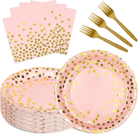Pink and Gold Paper Plates and Napkins Party Supplies,Serves 25 Guests Pink Gold 9 Inch Plates and Napkins,Disposable Paper Tableware Set for Birthday Wedding Bridal Shower Baby Shower Decorations