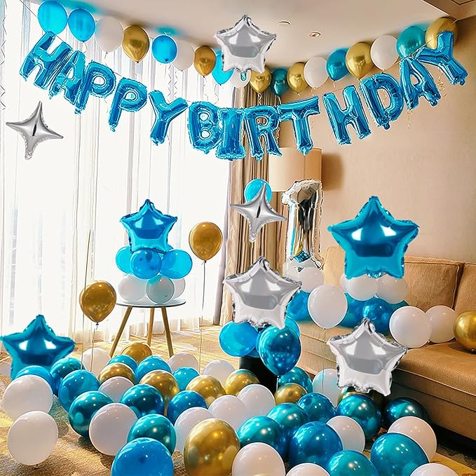 CANREVEL Happy Birthday Banner 13pcs 16 Inch Mylar Foil Letters with 12pcs Star Balloons Birthday Party Decorations for Kids and Adults - 3D Light Blue