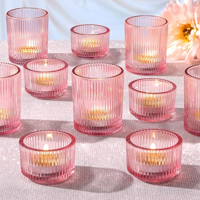 NITIME 20pcs Assorted Ribbed Pink Votive Candle Holders, Tealight Candle Holder for Valentine's Day, Pink Candle Holders for Wedding Table Decor, Mother' s Day, Bridal Shower and Party Decorations