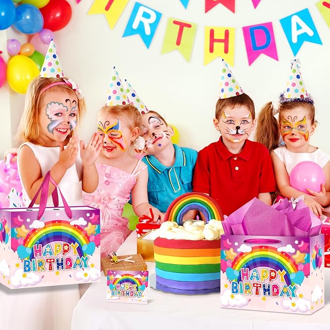 Large Birthday Gift Bag for Girls Kids Happy Rainbow Birthday Gift Bag with Greeting Card and Tissue Paper Colorful Birthday Gift Wrapping Paper Bag for Girls Birthday Baby Shower Party Supplies Decor