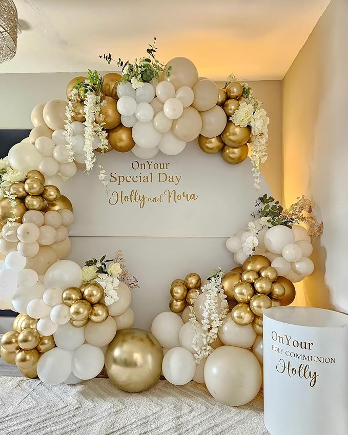 First Communion Balloon Garland Kit 153Pcs, Baptism Balloon, White Sand Gold Nude Bautizo Balloons Arch Kit for First Holy Communion Baptism God Bless Christening Party Birthday Supplies