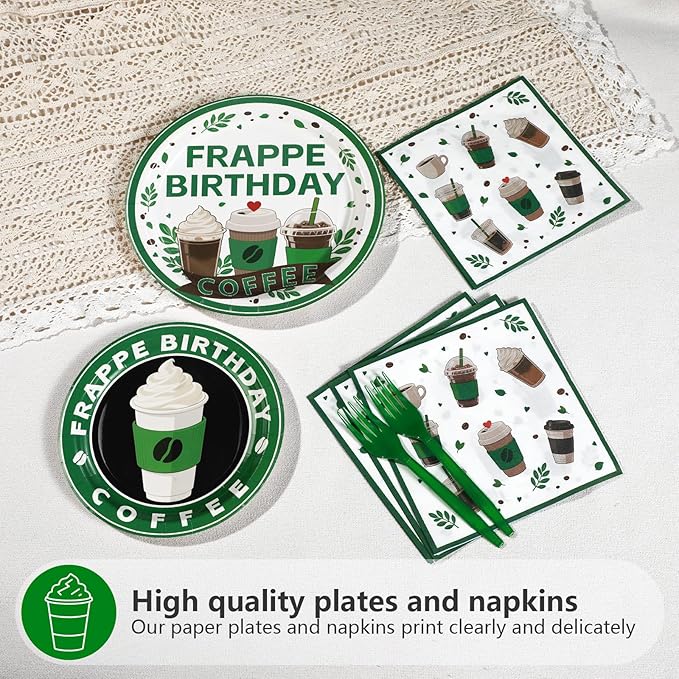 Grencian Green Coffee Birthday Party Decorations - 96Pcs Green Iced Coffee Theme Supplies Plates and Napkins Disposable Tableware Set for Latte Lover Birthday Party Decorations Serve 24