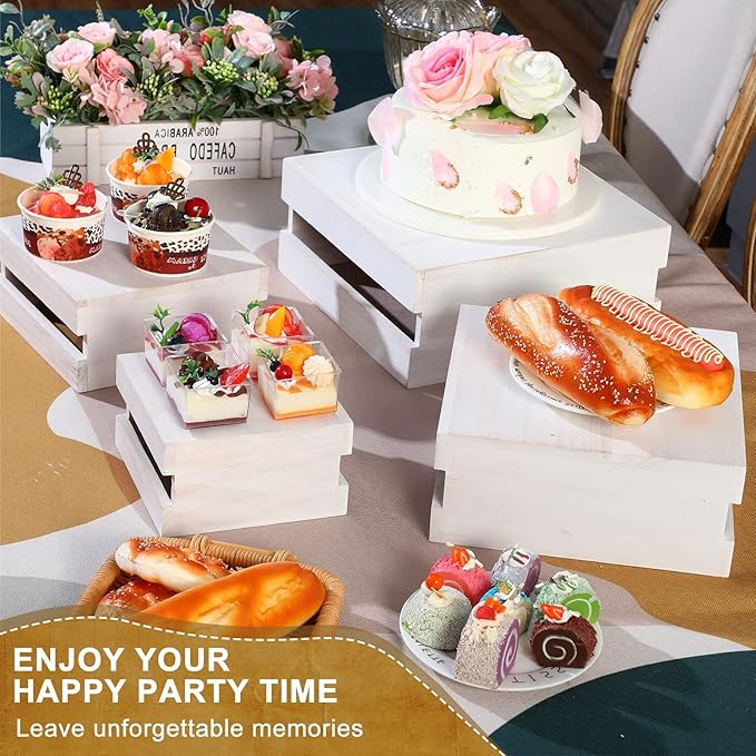 Sieral 4 Pieces Wood Cupcake Display Stand Decorative Dessert Appetizer Cake Stand Risers Wooden Crate Rustic Cake Risers for Storage for Party Christmas Halloween Wedding Decor(Vintage White)