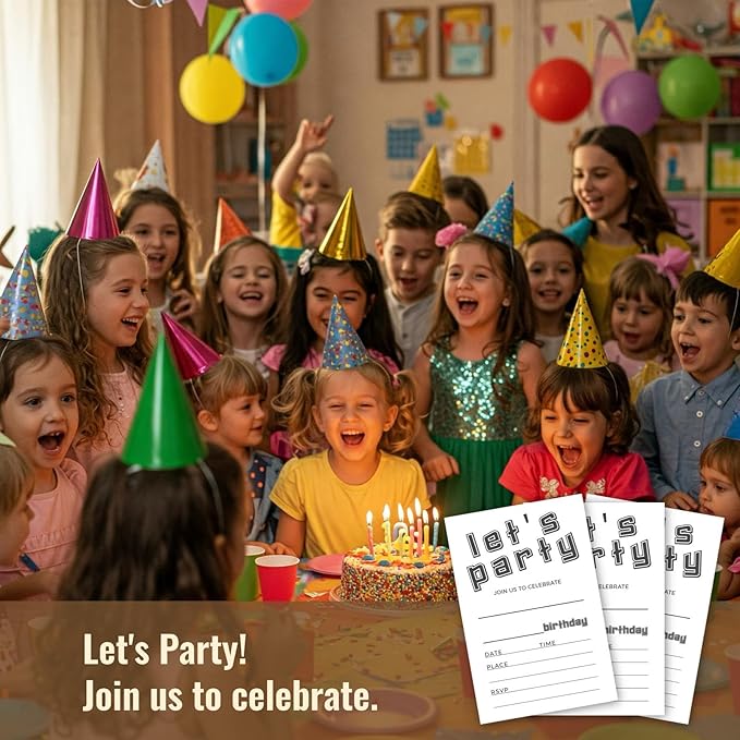 Let's Party Birthday Invitations, Simple Black and White Design Invites with Envelopes for Kids Boys Girls Teens, 25 Pcs 4x6 Inch (Black Simple)