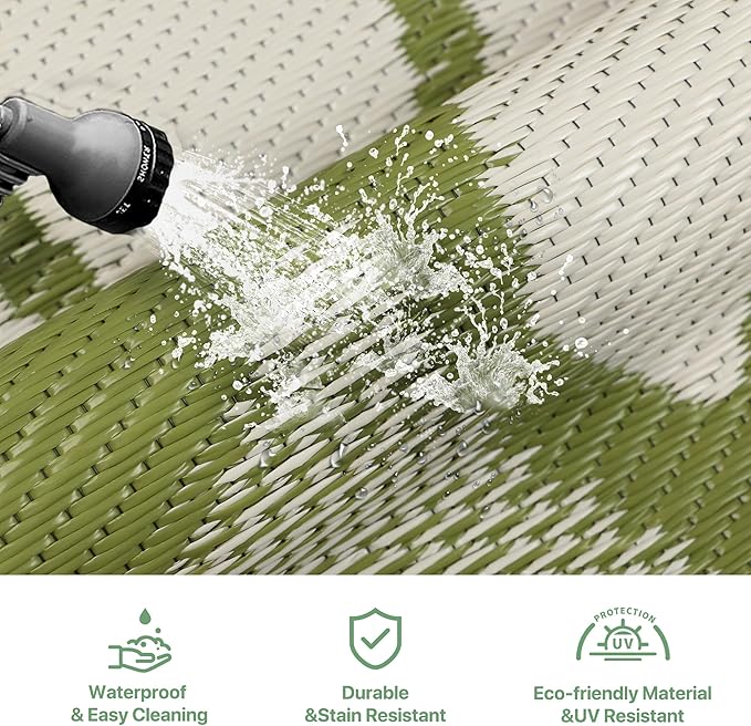 GENIMO Outdoor Rug Waterproof for Patio Decor, 6' x 9' Reversible Plastic Straw Floral Camping Carpet, Large Area Rugs Mats for RV, Camper, Deck, Balcony, Porch, Beach, Picnic, Green & Beige