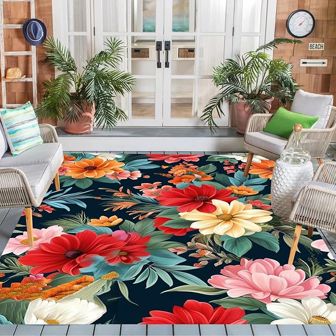 Washable Outdoor Rug with Floral Texture 3x5 Waterproof Non Slip Vibrant Area Rugs for Patio Deck Garden Balcony Large Flower Print Camping Porch Backyard Outside Carpet Red Navy Blue